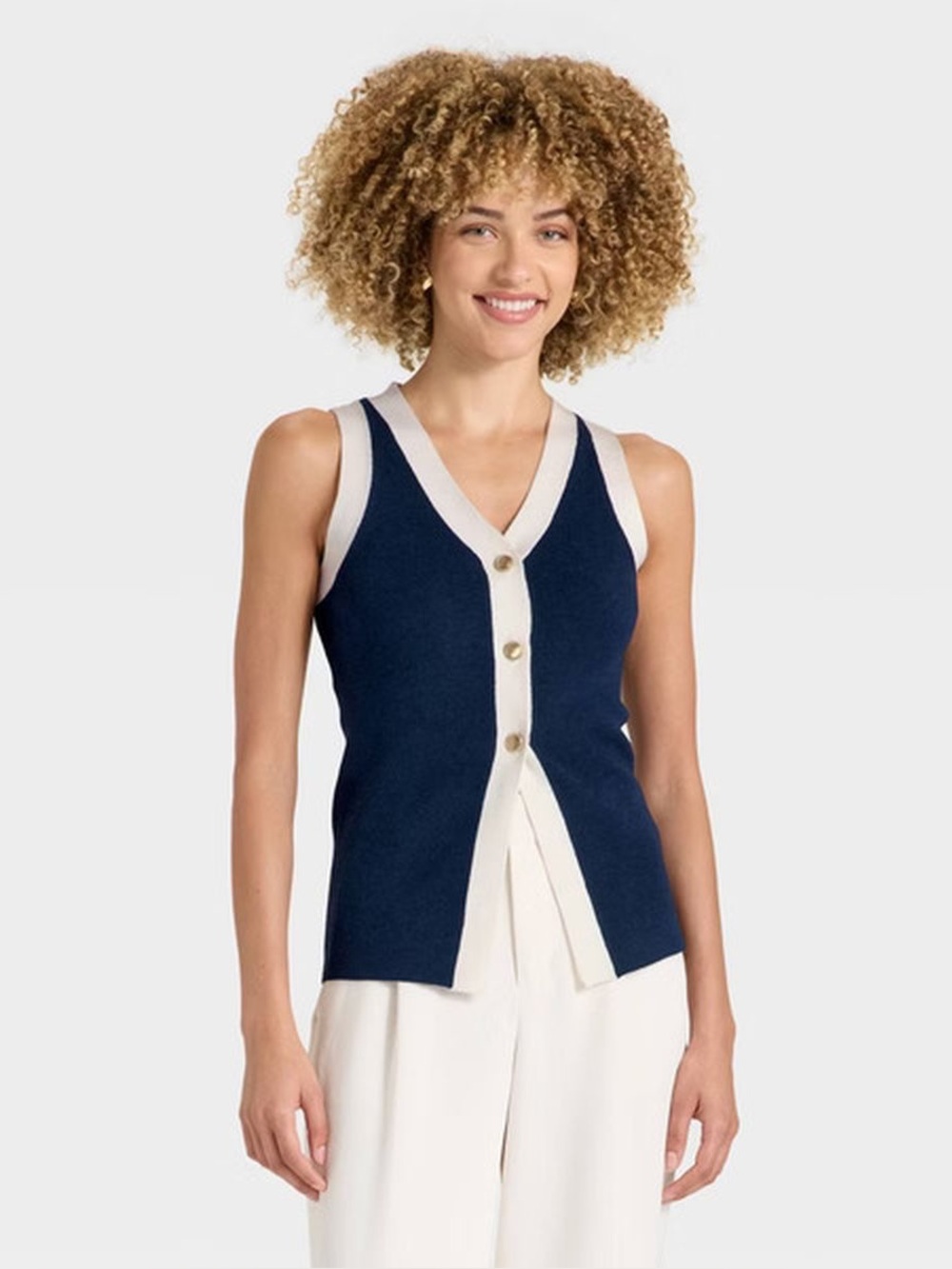 NWT A New Day Navy and Cream V-Neck Button-Front Knit Tank Small